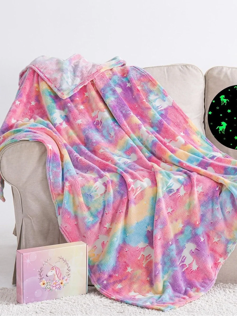 Kids Rainbow Unicorn Glow in the Dark Blanket - Pink Multicolor Throw Blanket
